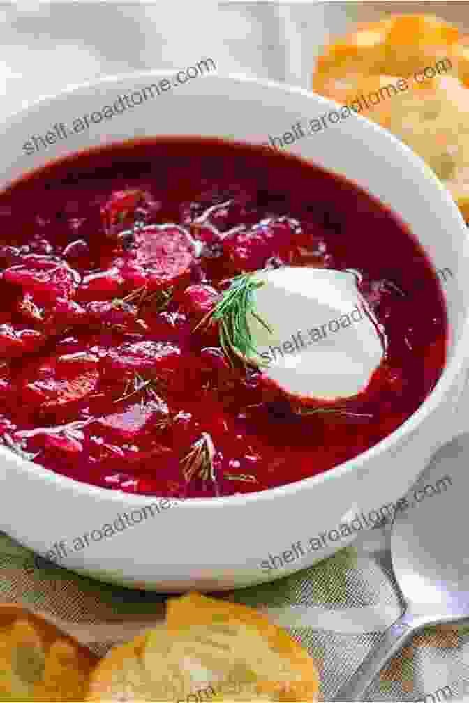 A Steaming Bowl Of Borscht, Garnished With Sour Cream And Fresh Dill Russian Language Food And Beverages Part I